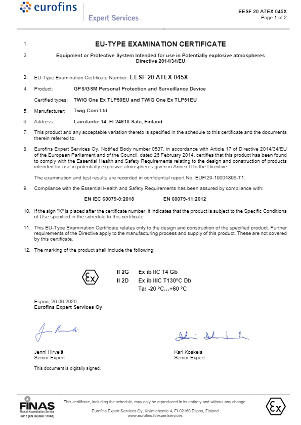 ATEX Certificate TWIG One Ex