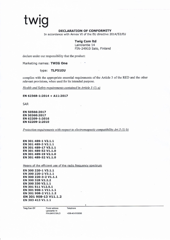 Declaration of Conformity TLP51EU TWIG One
