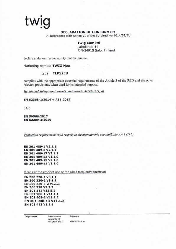 Declaration of Conformity TLP52EU TWIG Neo