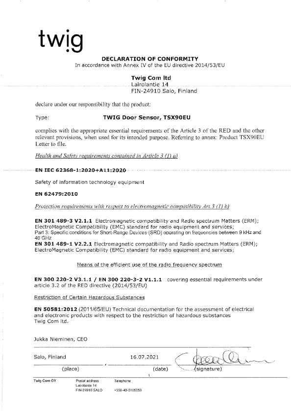 Declaration of Conformity RED TSX90EU TWIG Door Sensor