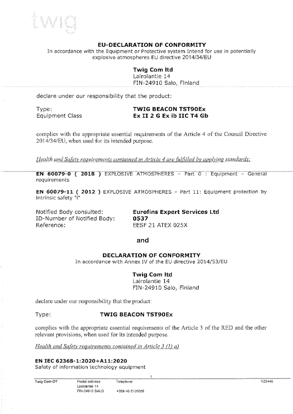 Declaration of Conformity ATEX TST90Ex TWIG Beacon Ex