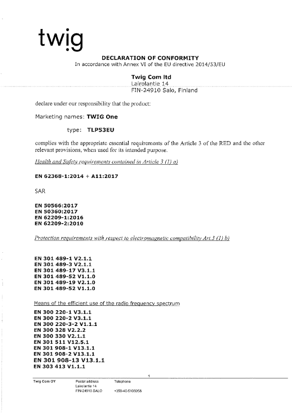 Declaration of Conformity TLP53EU TWIG One