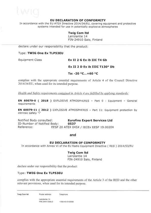 Declaration of Conformity ATEX TLP53EU TWIG One Ex 