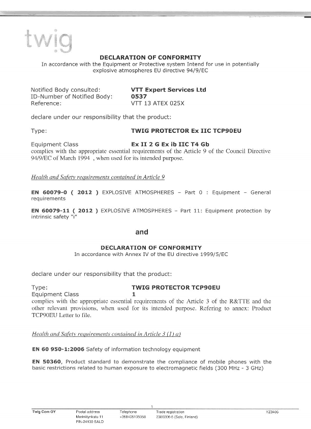 Declaration of Conformity ATEX TCP90EU TWIG Protector Ex